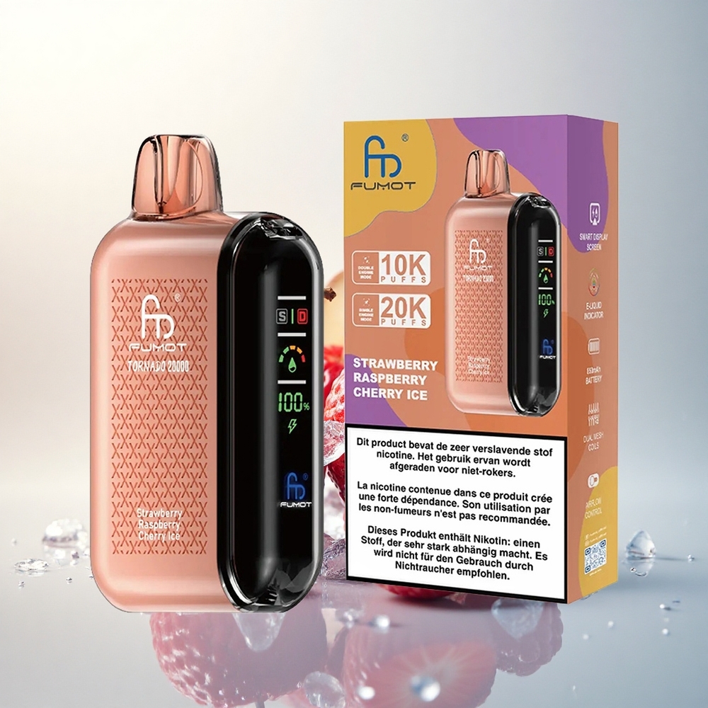 Fumot Tornado 20000 Puffs Eper Málna Cseresznye Jég Dual Mesh Coil Smart Display Airflow Control